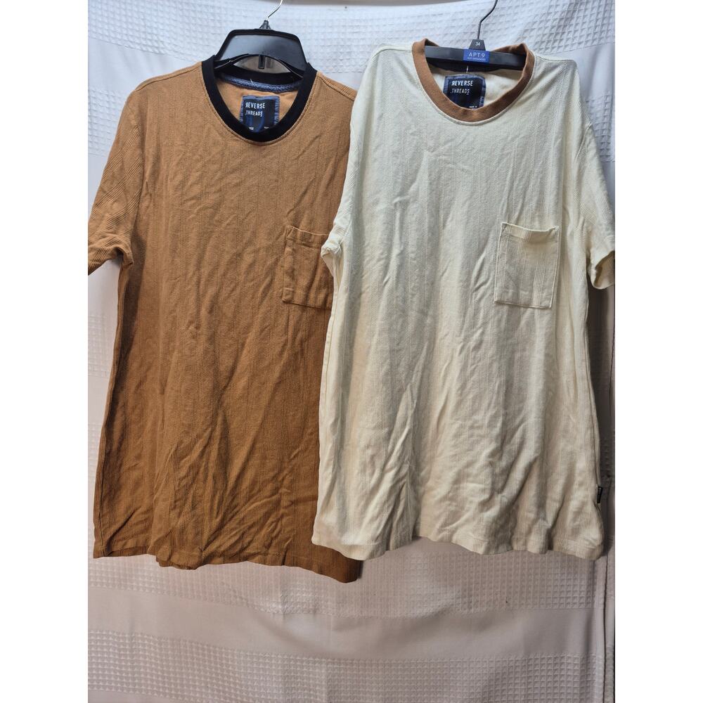 2 Reverse Threads Shirts Men Sz XL Brown White Knit Short Sleeve Crew Neck 7302